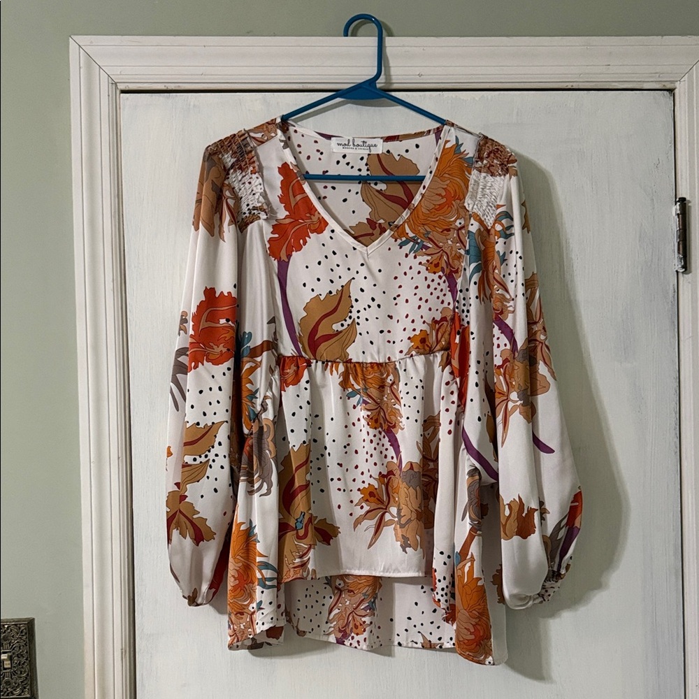 Elegant Floral V-Neck Blouse - White and Orange
